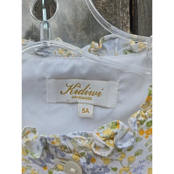 Kidiwi Paris Girls Floral Dress Size 5A Yellow Blue Smocked Waist Ruffle Sleeve - Picture 2 of 10